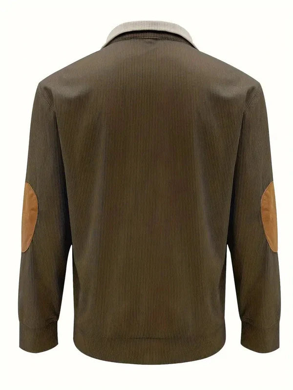 Men's Sweater with Contrasting Collar and Buttons – Casual Pullover with Elbow Patches, Warm Knitted Sweater for Autumn and Winter