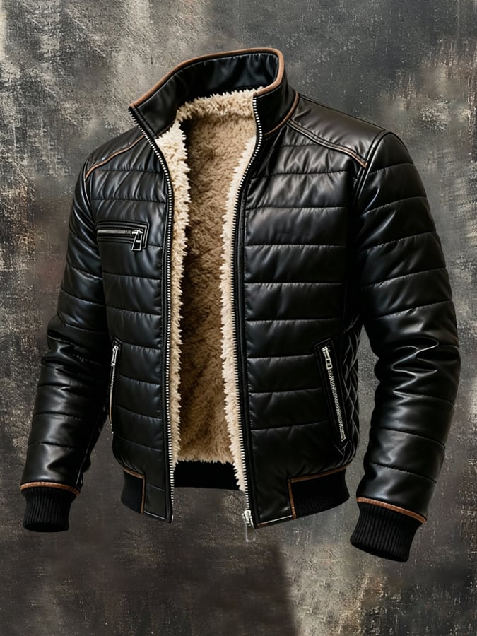 Vintage Men's Outdoor Jacket Made of Warm Plush and Soft Leather
