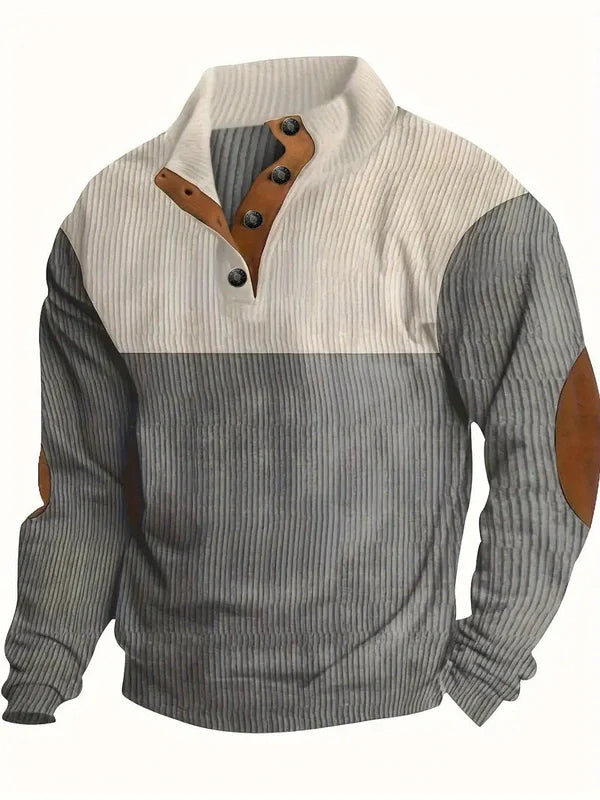 Men's Sweater with Contrasting Collar and Buttons – Casual Pullover with Elbow Patches, Warm Knitted Sweater for Autumn and Winter