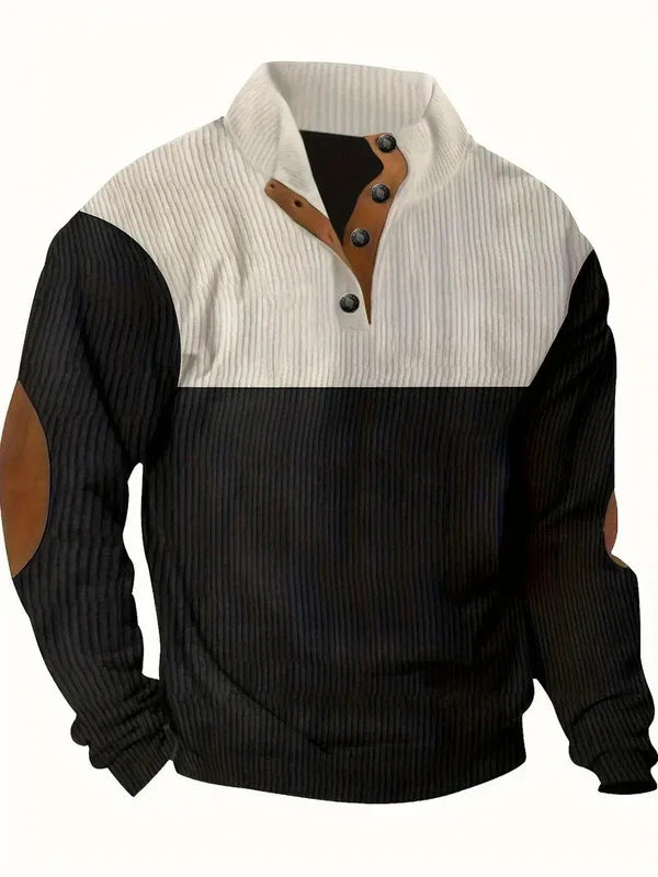 Men's Sweater with Contrasting Collar and Buttons – Casual Pullover with Elbow Patches, Warm Knitted Sweater for Autumn and Winter