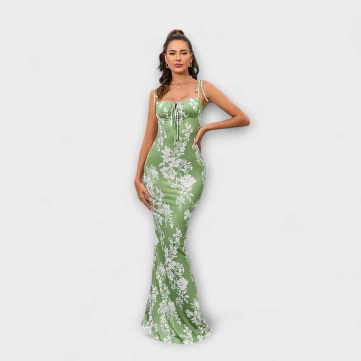 Thalia - Floral Print Prom Dress with Tied Shoulder Straps