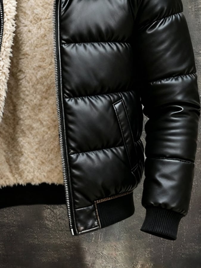 Vintage Men's Outdoor Jacket Made of Warm, Soft Leather with a Large Fur Collar