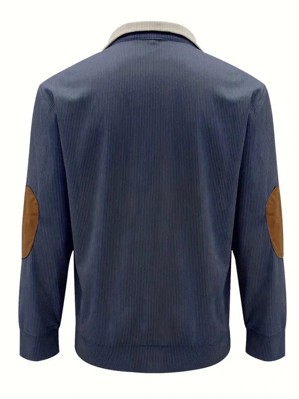 Men's Sweater with Contrasting Collar and Buttons – Casual Pullover with Elbow Patches, Warm Knitted Sweater for Autumn and Winter