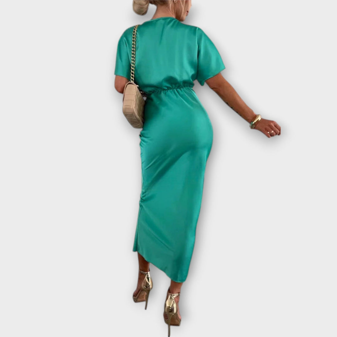 Sable - Solid Satin V-Neck Cross Knot Slim Fit Maxi Dress