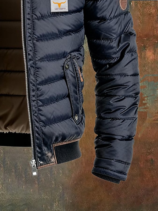 Men's Retro Leather Quilted Patchwork Warm Zip-Up Outdoor Jacket