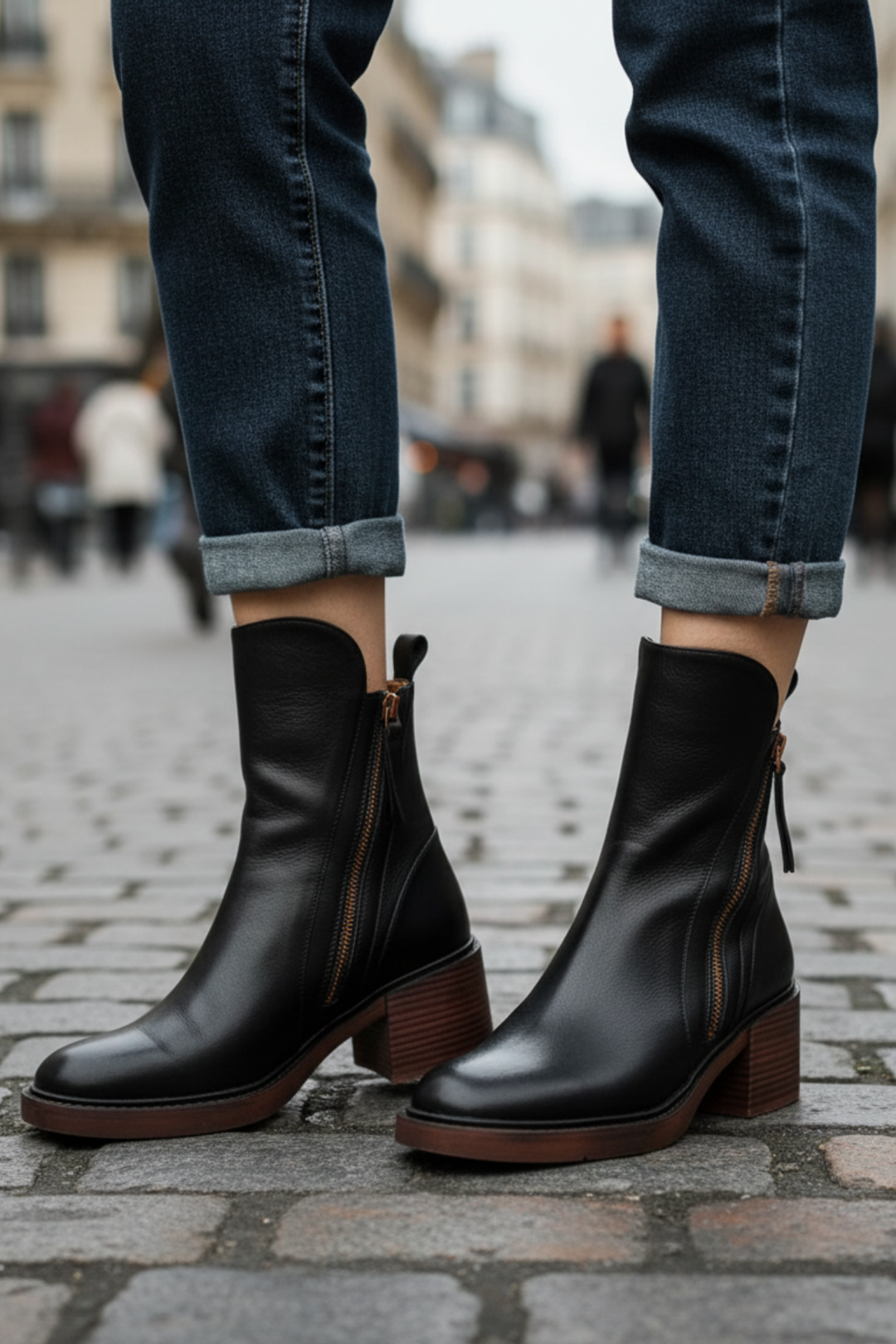 Valorine™ | Black leather boots with a comfortable heel, elegant and timeless
