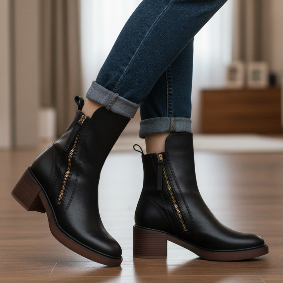 Valorine™ | Black leather boots with a comfortable heel, elegant and timeless