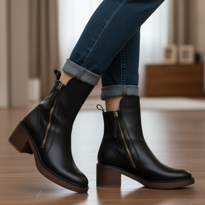 Valorine™ | Black leather boots with a comfortable heel, elegant and timeless