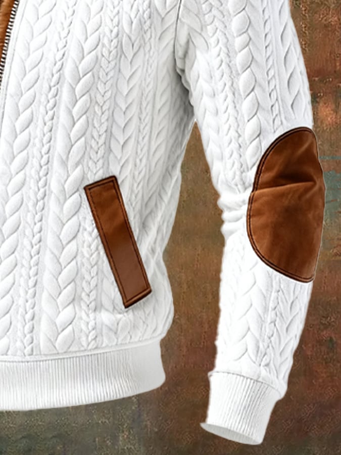 Men's Retro-Style Outdoor Jacket with Jacquard Knit Pattern, Warm and with Many Pockets