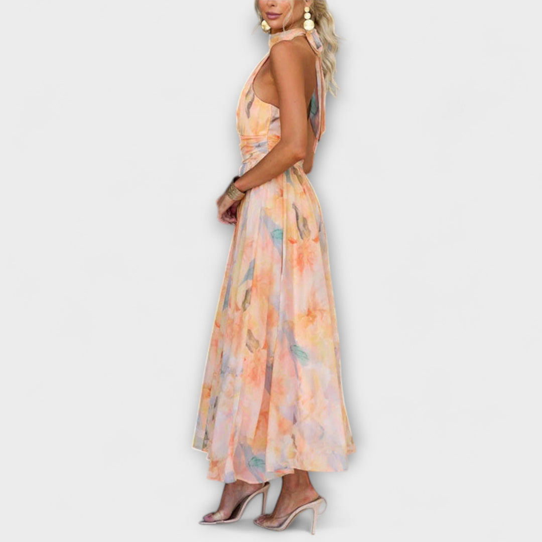 Halter-Neck Watercolor Print Maxi Dress