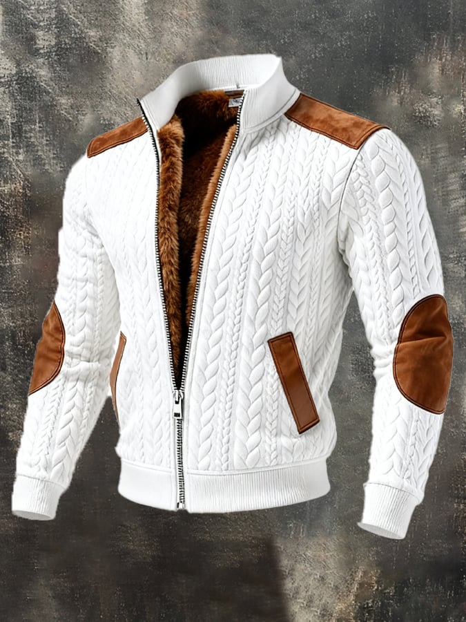 Men's Retro-Style Outdoor Jacket with Jacquard Knit Pattern, Warm and with Many Pockets