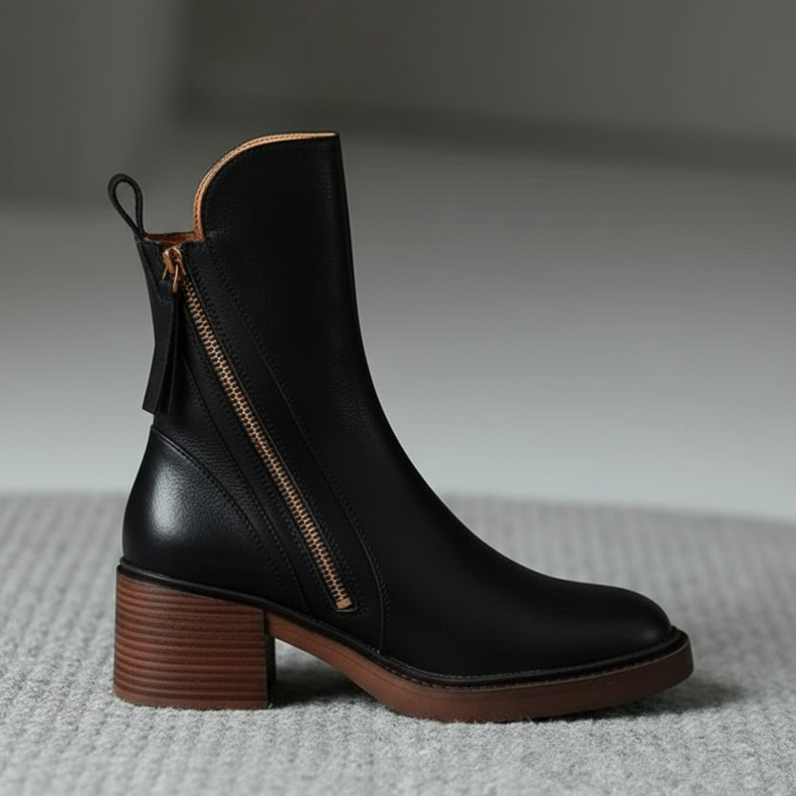Valorine™ | Black leather boots with a comfortable heel, elegant and timeless