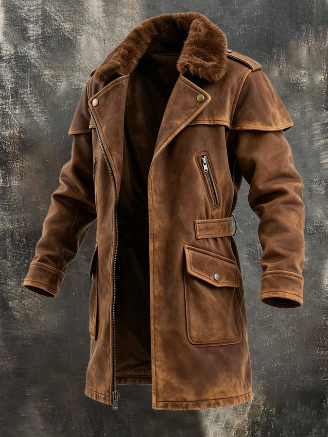 Warm Suede Jacket for Men with Large Fur Collar and Windbreaker