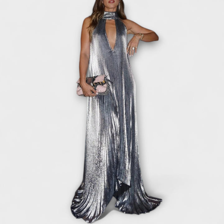 Calliope - Metallic Pleated A-Line Maxi Dress
