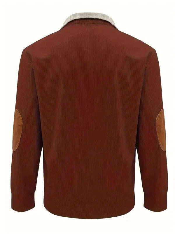 Men's Sweater with Contrasting Collar and Buttons – Casual Pullover with Elbow Patches, Warm Knitted Sweater for Autumn and Winter