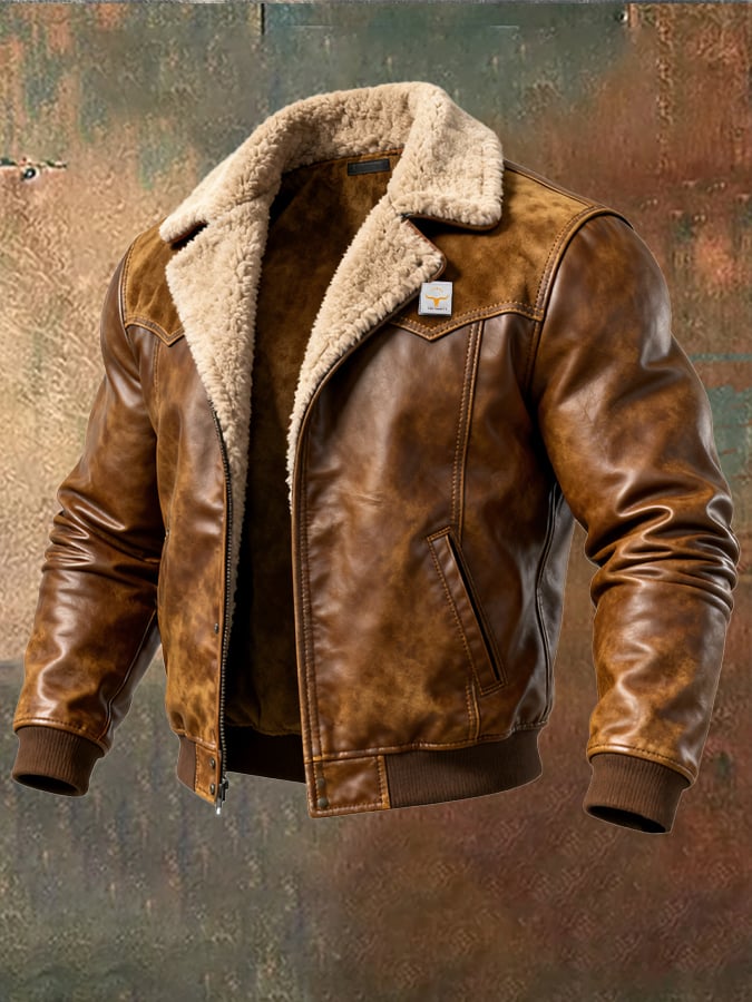 Men's Retro Leather Jacket in Used Look with Patchwork Design and Fleece Lining