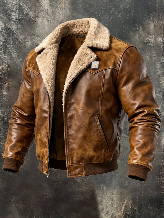 Men's Retro Leather Jacket in Used Look with Patchwork Design and Fleece Lining