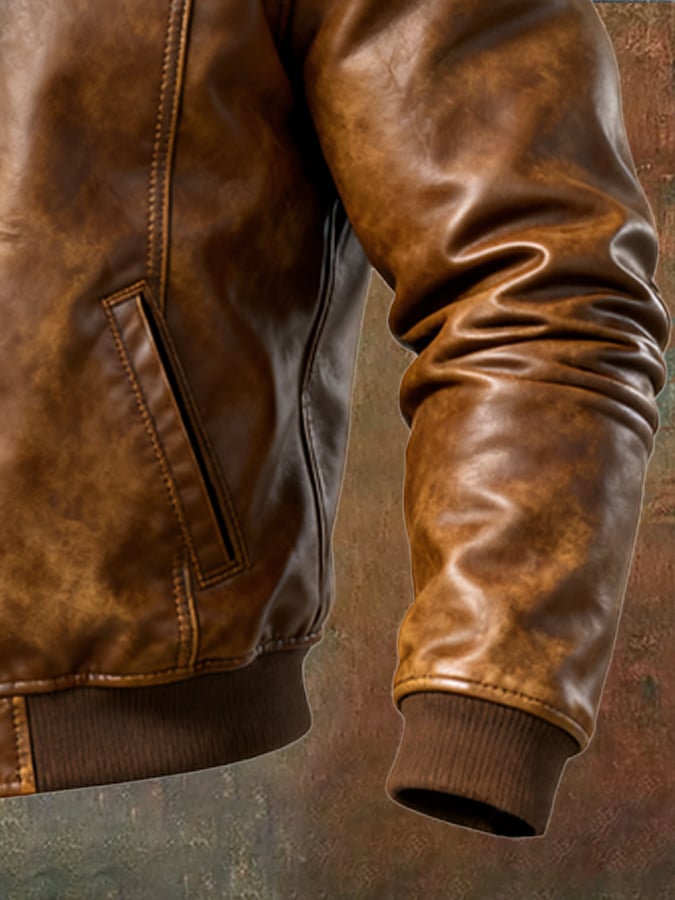 Men's Retro Leather Jacket in Used Look with Patchwork Design and Fleece Lining