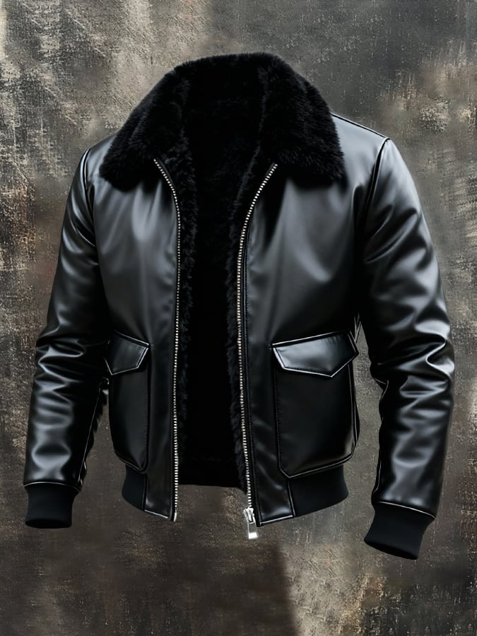 Men's Retro Outdoor Jacket Made of Warm, Soft Leather with Fur Collar