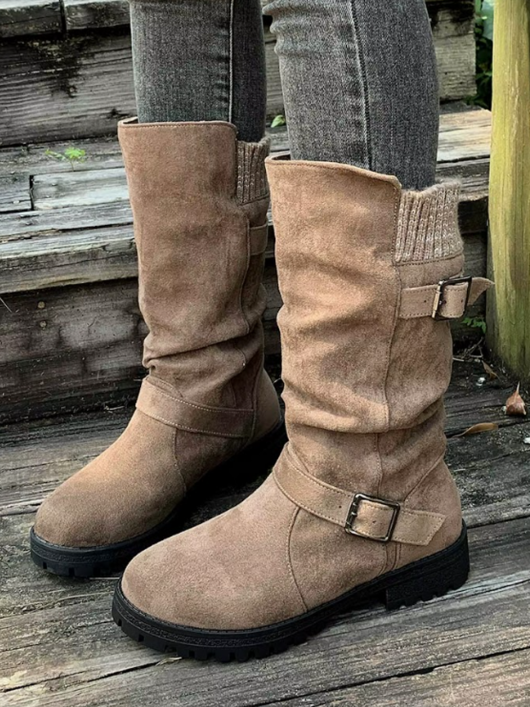 Knit Cuff Buckle Boot