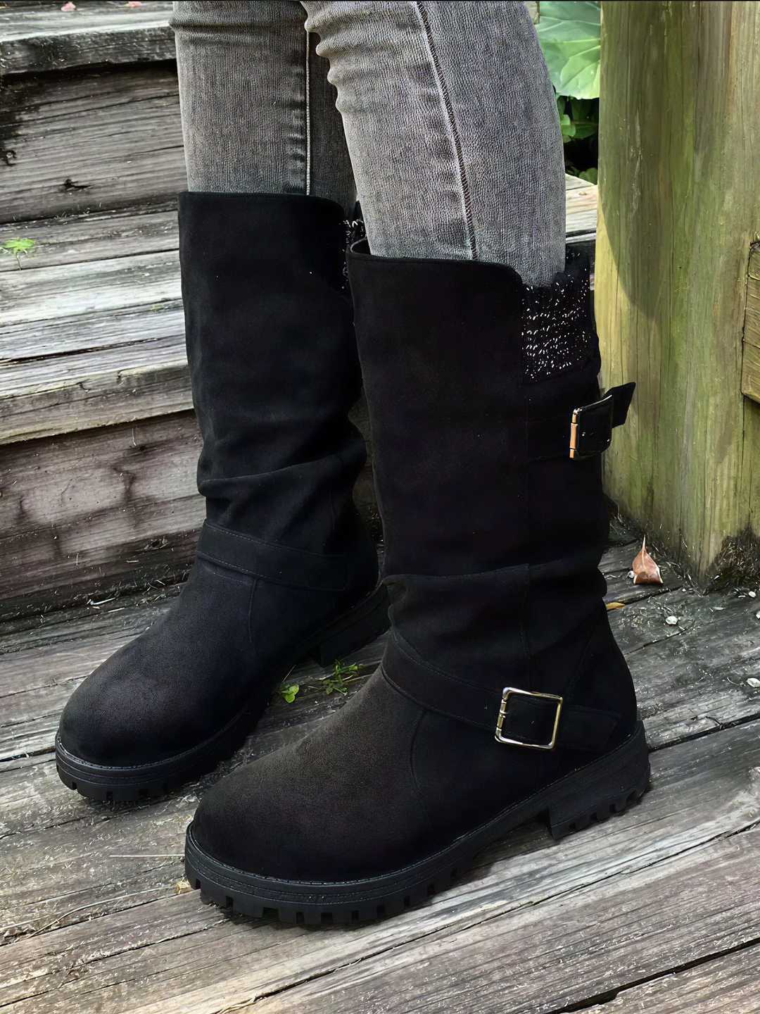 Knit Cuff Buckle Boot