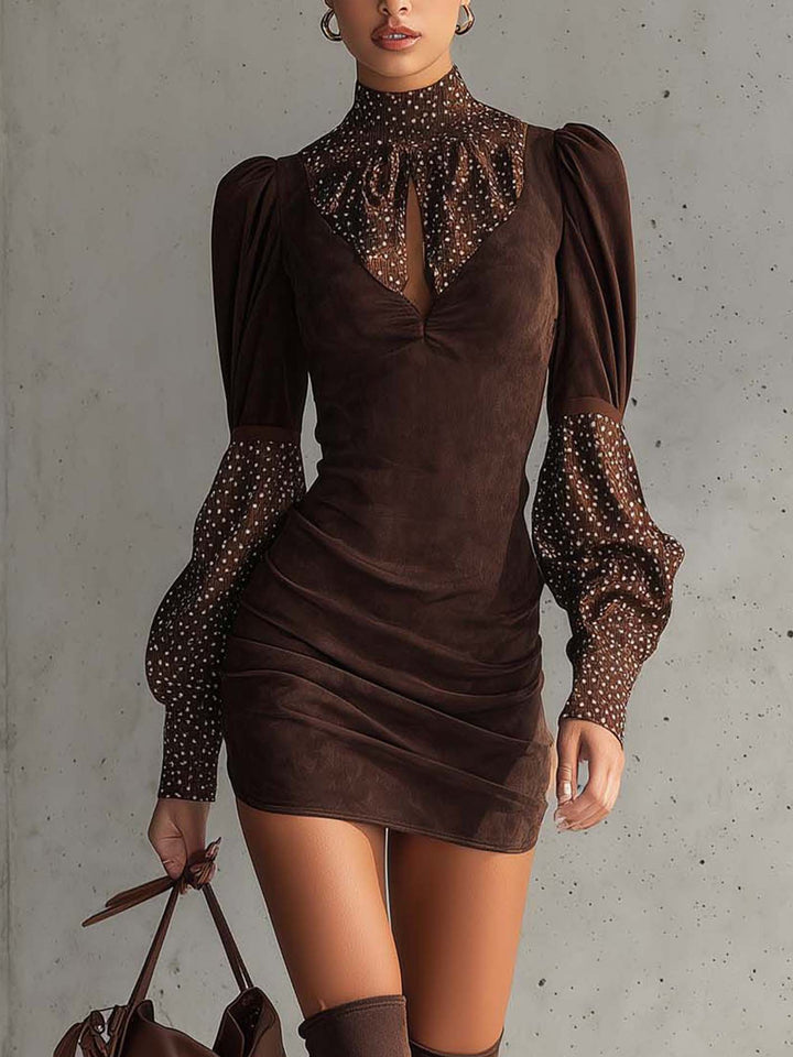 Brown Faux Suede Bodycon Dress With Satin Polka Dots