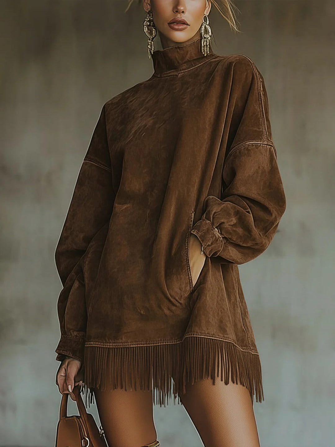 Amalia | Suede Dress with High Neck and Fringes