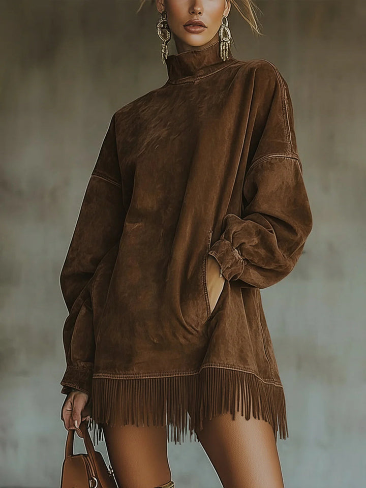 Amalia | Suede Dress with High Neck and Fringes