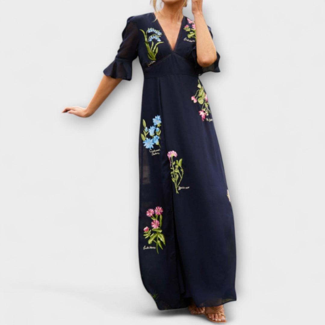 Beatrice - Elegant Navy Blue Dress with Floral Embroidery