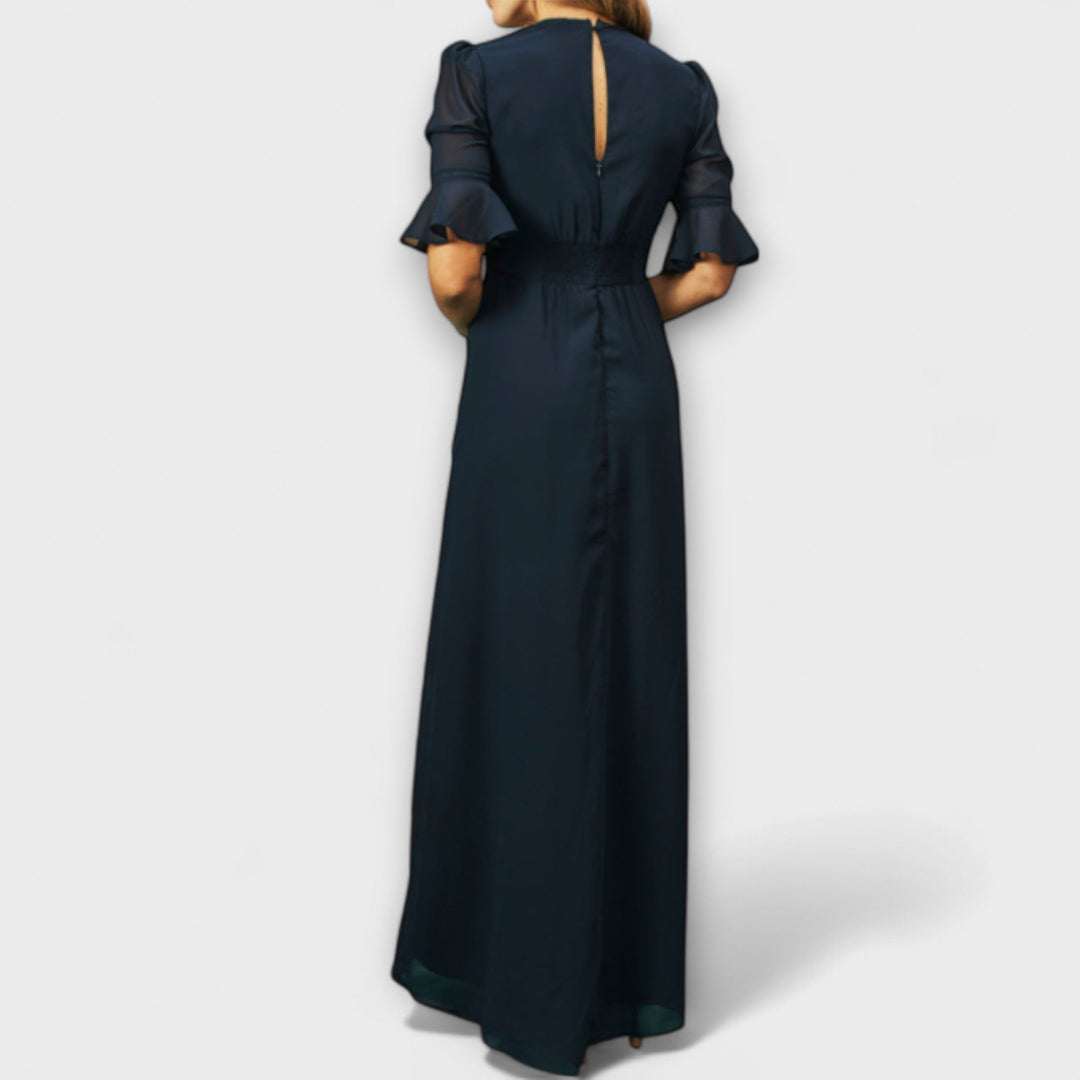 Beatrice - Elegant Navy Blue Dress with Floral Embroidery