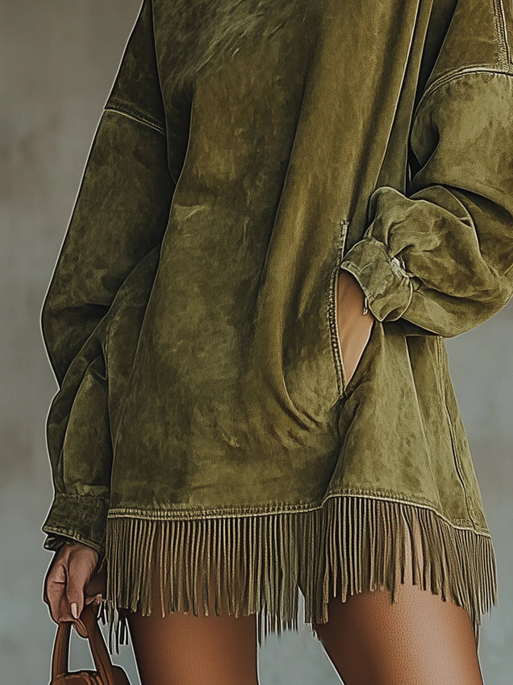 Amalia | Suede Dress with High Neck and Fringes