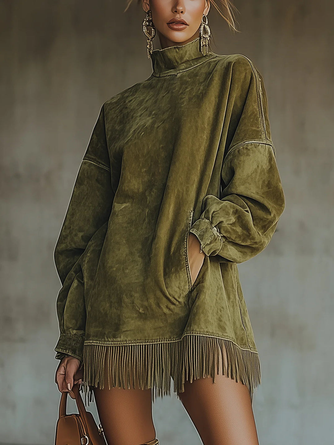 Amalia | Suede Dress with High Neck and Fringes