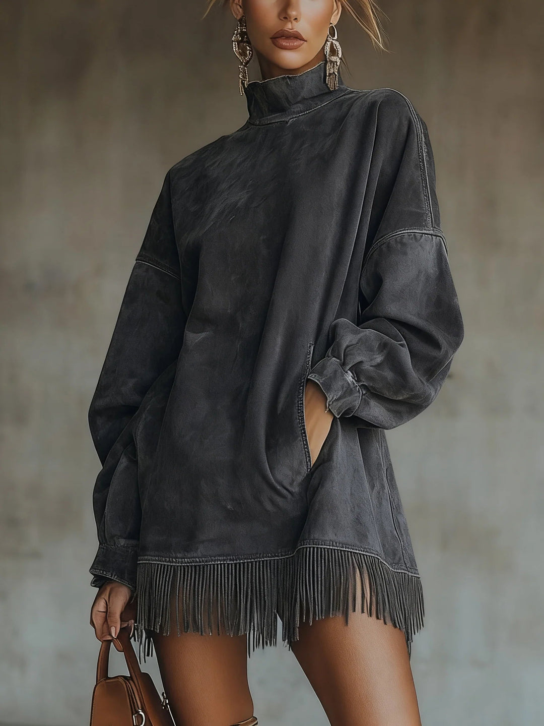 Amalia | Suede Dress with High Neck and Fringes