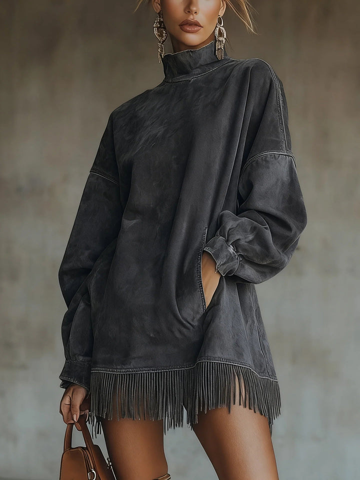Amalia | Suede Dress with High Neck and Fringes