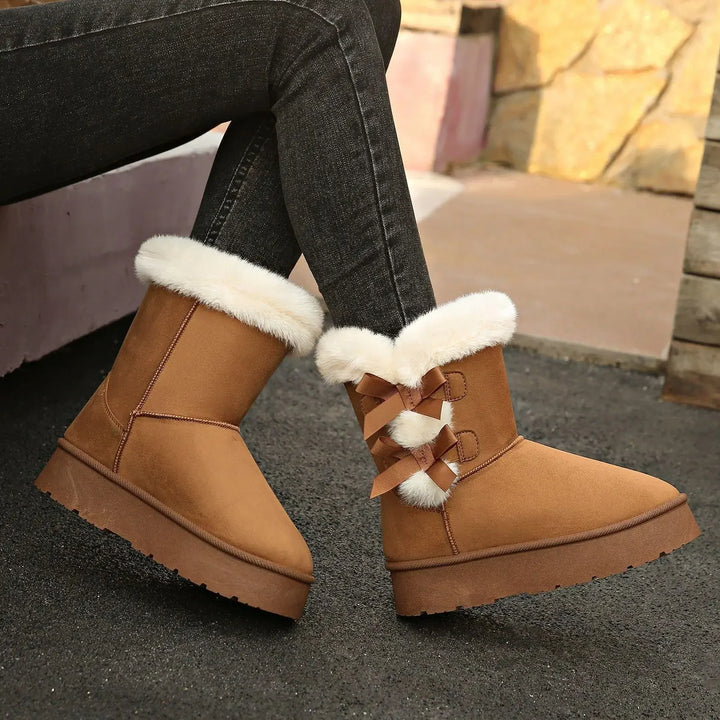 Thickened Fleece Lined Snow Boots Slip on Winter New Style Big Size Butterfly Knot Warm Thick Bottom Fur Mouth Cross-Border