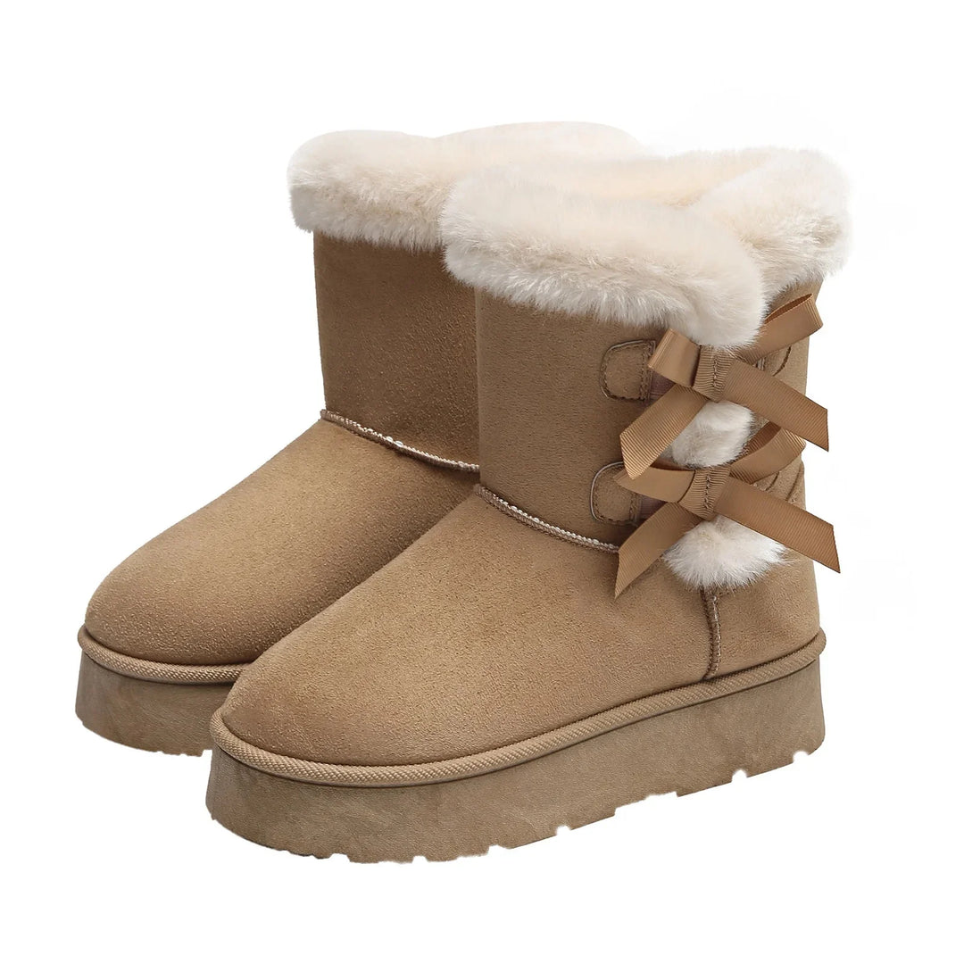 Thickened Fleece Lined Snow Boots Slip on Winter New Style Big Size Butterfly Knot Warm Thick Bottom Fur Mouth Cross-Border