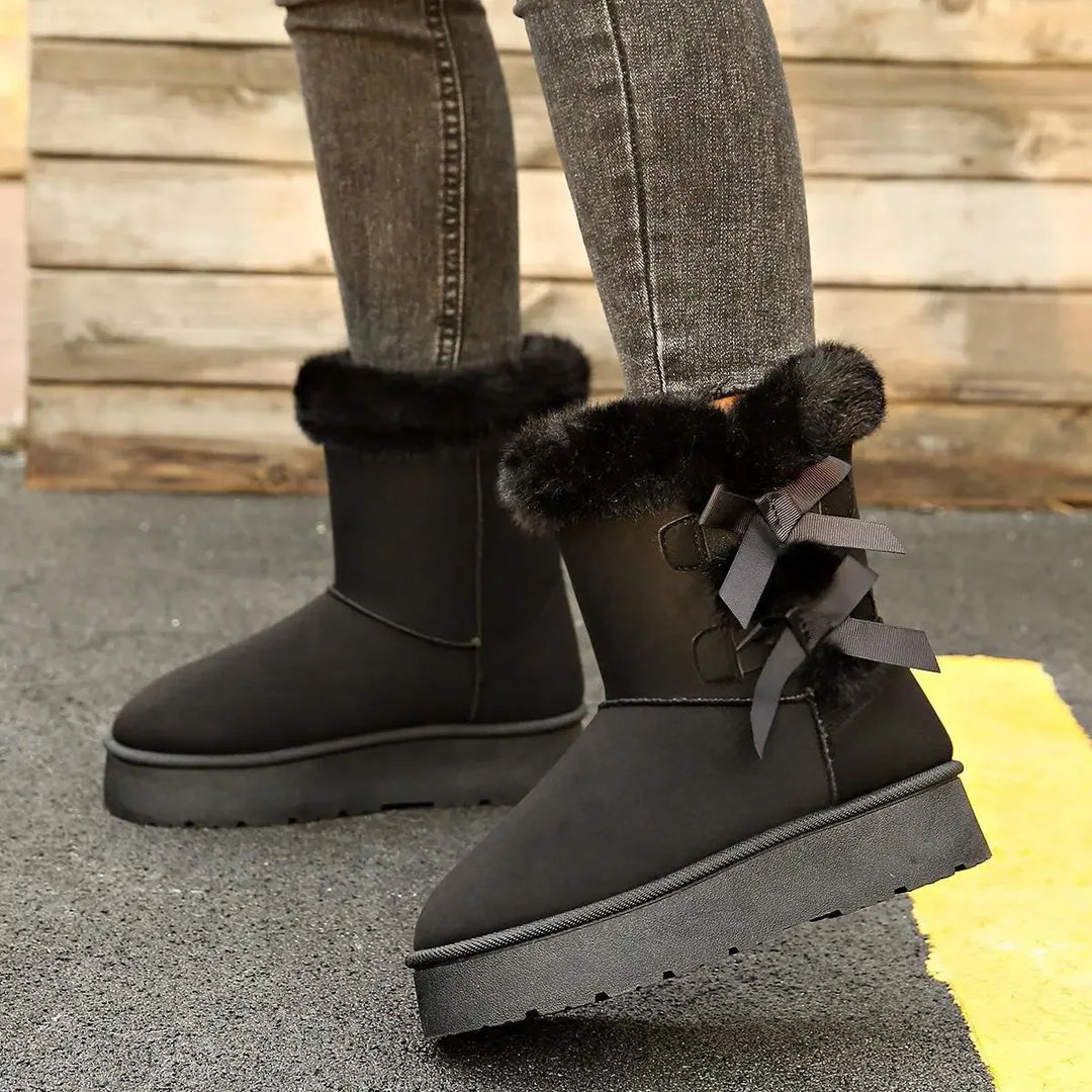 Thickened Fleece Lined Snow Boots Slip on Winter New Style Big Size Butterfly Knot Warm Thick Bottom Fur Mouth Cross-Border
