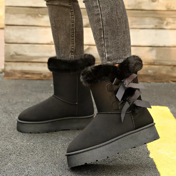 Thickened Fleece Lined Snow Boots Slip on Winter New Style Big Size Butterfly Knot Warm Thick Bottom Fur Mouth Cross-Border