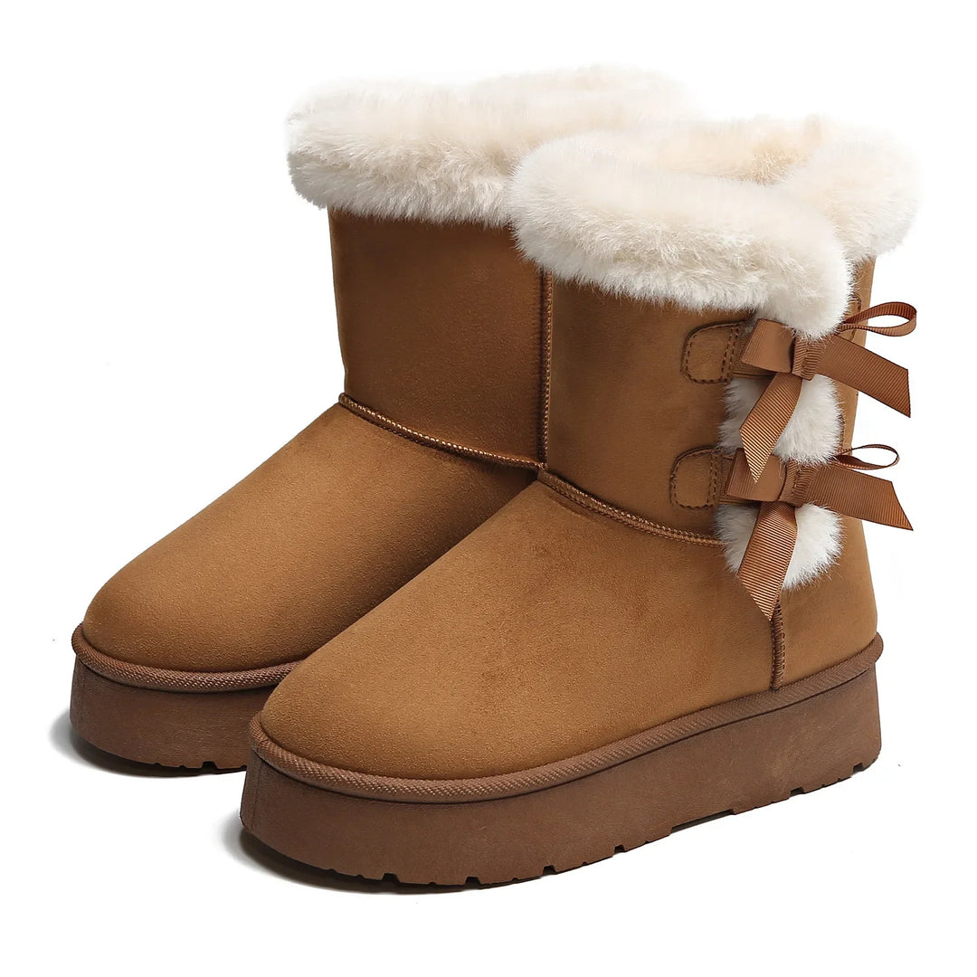 Thickened Fleece Lined Snow Boots Slip on Winter New Style Big Size Butterfly Knot Warm Thick Bottom Fur Mouth Cross-Border