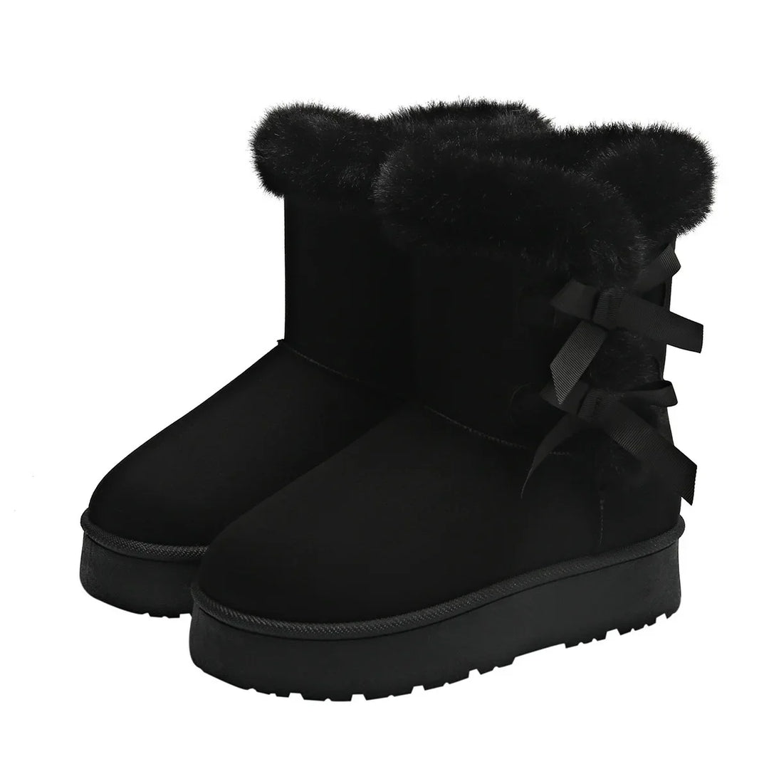 Thickened Fleece Lined Snow Boots Slip on Winter New Style Big Size Butterfly Knot Warm Thick Bottom Fur Mouth Cross-Border