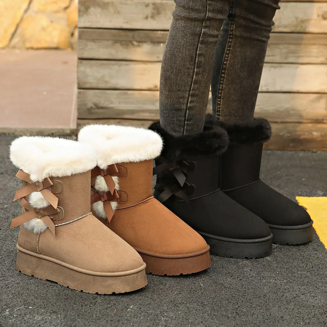 Thickened Fleece Lined Snow Boots Slip on Winter New Style Big Size Butterfly Knot Warm Thick Bottom Fur Mouth Cross-Border