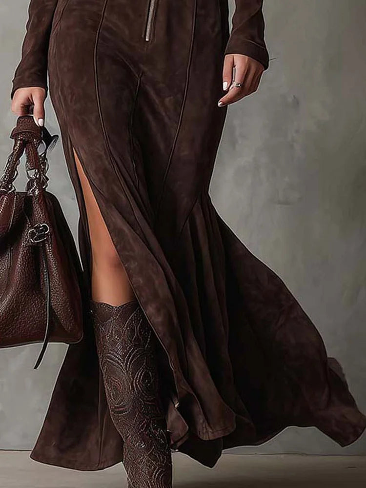 Almudena | Brown Long Dress with Belt