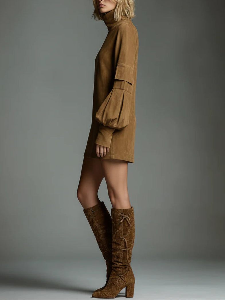 Beli | Loose-Fitting Suede Mini Dress with High Neck