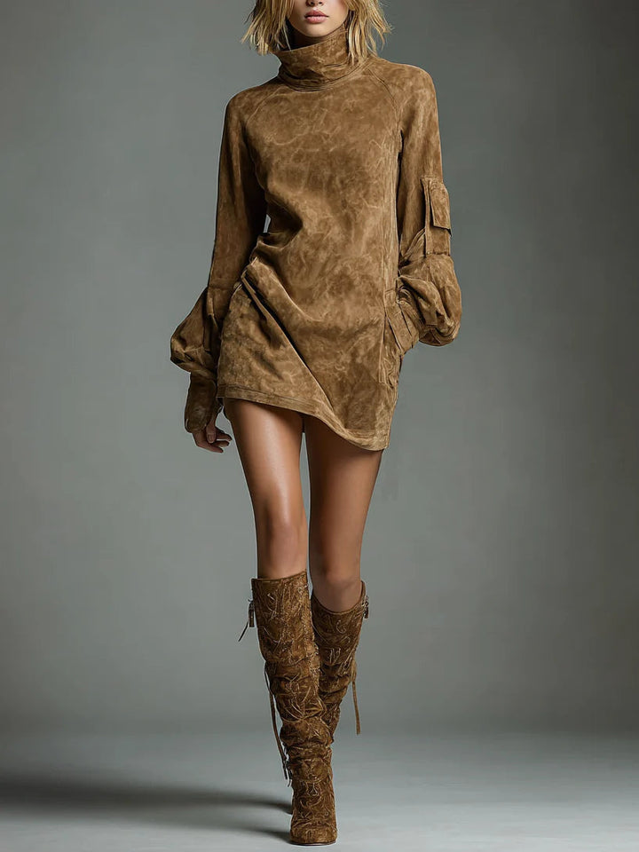 Beli | Loose-Fitting Suede Mini Dress with High Neck
