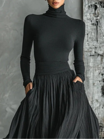 Fashion All Black Skinny Turtleneck T-shirt Pleated Skirt Set