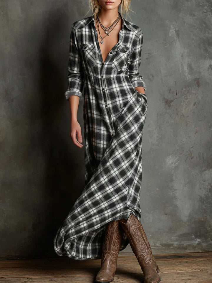 Green Plaid Lapel Single-Breasted Shirt Long Dress