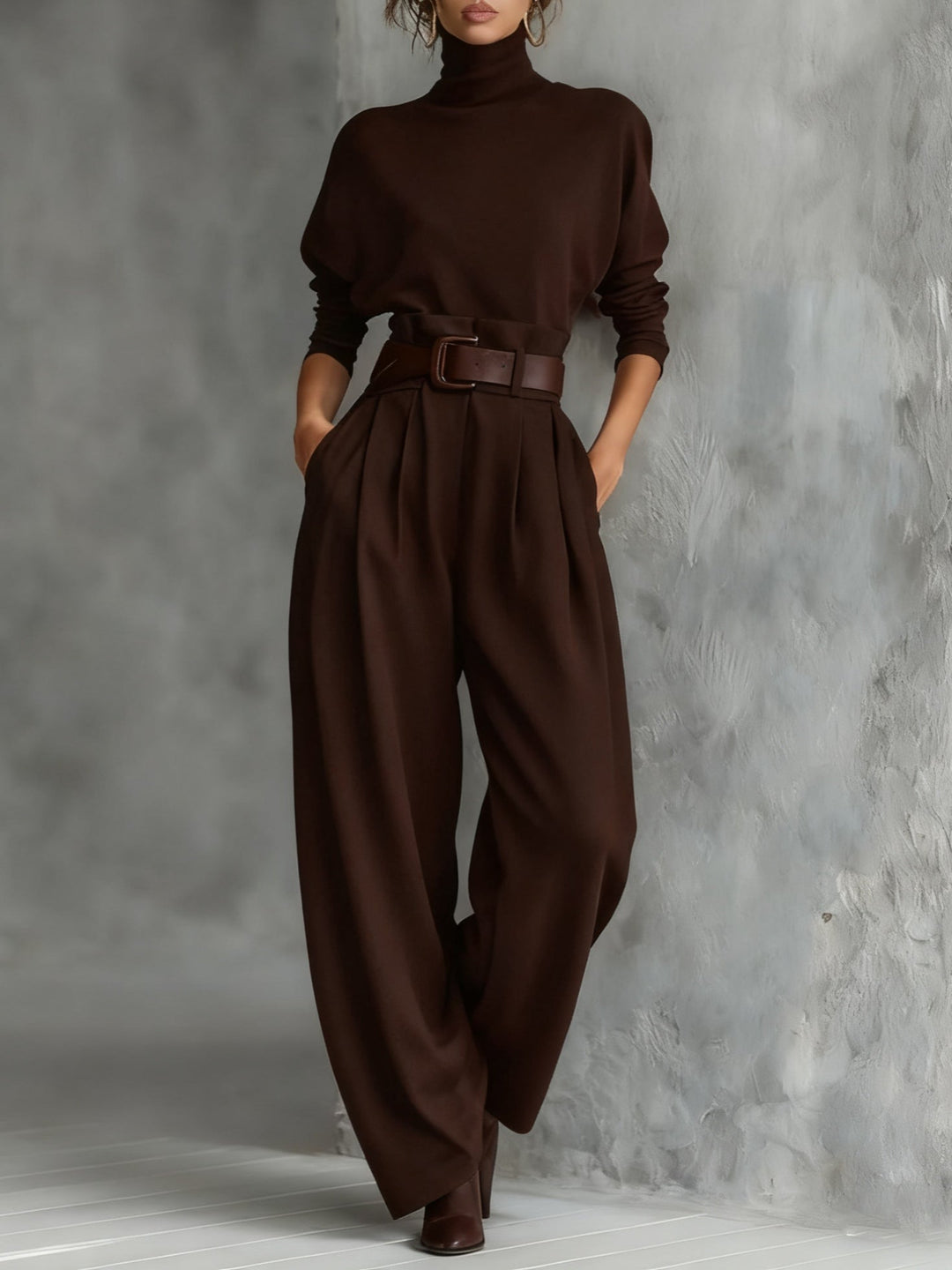 All-black Turtleneck Long-sleeved T-shirt And Straight-leg Pants Two-piece Set (including Belt)