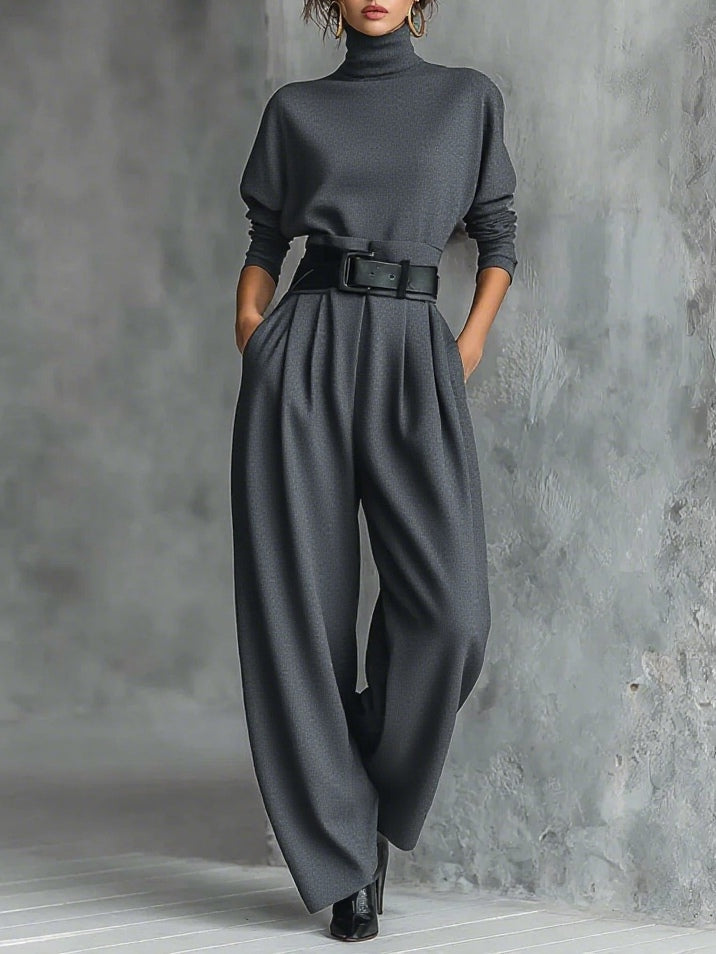 All-black Turtleneck Long-sleeved T-shirt And Straight-leg Pants Two-piece Set (including Belt)