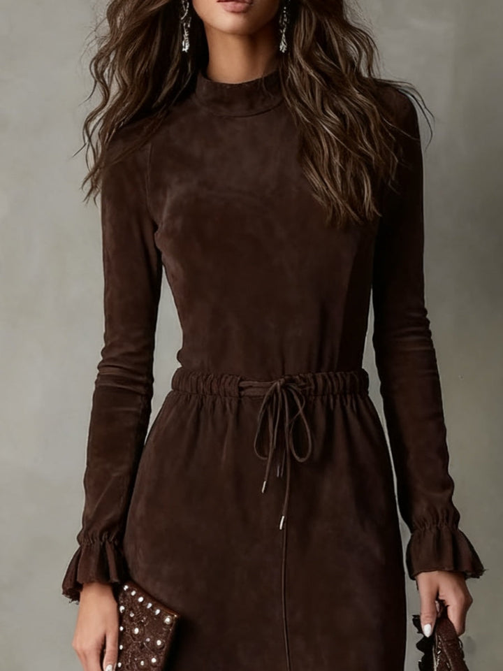 Elegant Dark Brown Suede Drawstring Irregular Midi Dress