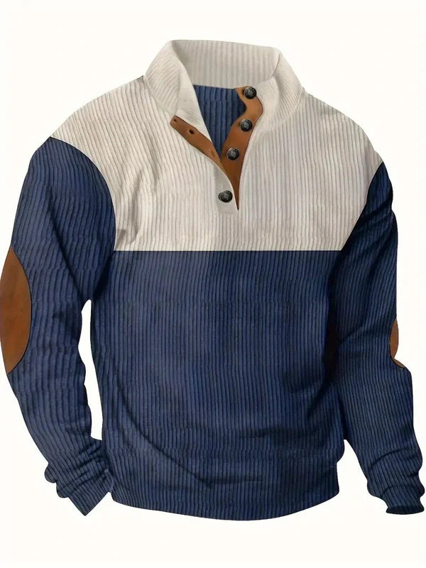 Men's Sweater with Contrasting Collar and Buttons – Casual Pullover with Elbow Patches, Warm Knitted Sweater for Autumn and Winter